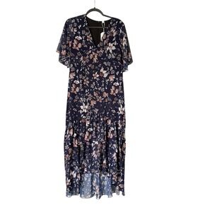 NWT‎ Floral High Low Dress Navy Blue Size Medium V-Neck Short Sleeve